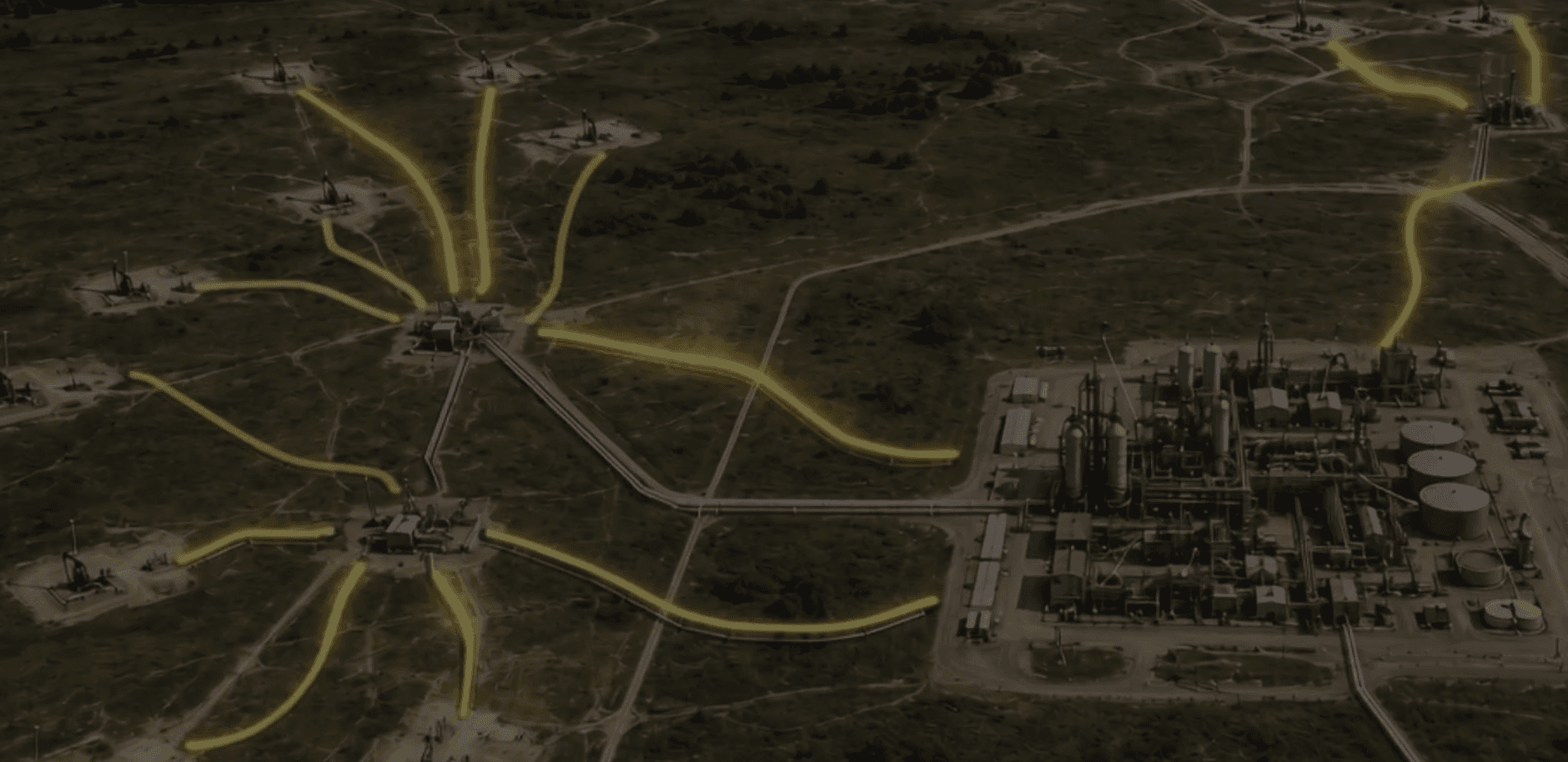 Oilfield production network with highlighted operational flow paths